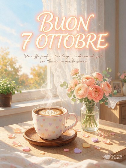 Tazza di caffè decorata con cuoricini su piattino di legno accanto a un vaso di rose e ranuncoli, illuminata dalla luce mattutina.