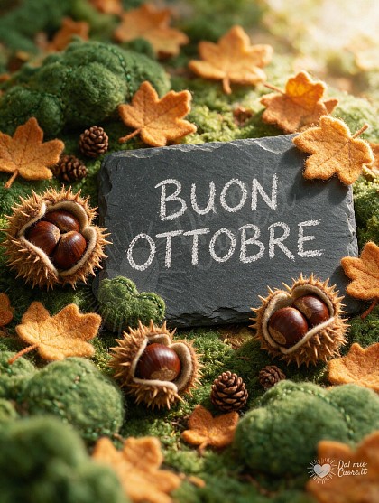 Composizione artigianale d'autunno con foglie d'acero dorate, ricci di castagne, muschio e piccola lavagnetta.