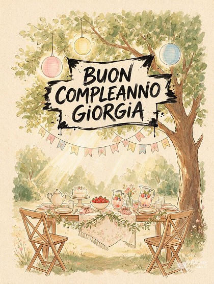 Disegno delicato di un tavolo festivo in giardino all'aperto con festoni di bandierine pastello, lanterne di carta e ghirlande floreali sotto rami frondosi baciati dal sole.