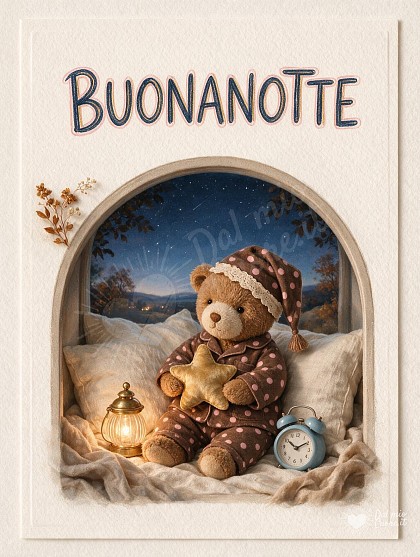 Tenero orsetto di peluche in pigiama a pois seduto tra soffici cuscini accanto a una lanterna accesa e una sveglia vintage.