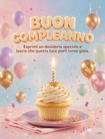 Rendering 3D vivace di un soffice cupcake alla vaniglia con candelina accesa scintillante e piattino decorato in un'atmosfera festosa.