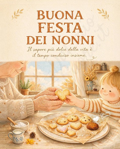 Biscotti appena sfornati a forma di cuore su un tavolo rustico in legno, con mani sagge di nonni e manine di nipote che condividono la merenda nella luce morbida d'autunno.