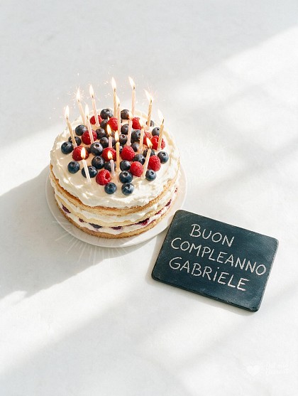 Veduta dall'alto di una torta artigianale a strati decorata con crema bianca, frutti di bosco freschi e candeline accese scintillanti, accanto a una lavagnetta con la scritta di auguri per Gabriele su sfondo bianco luminoso.