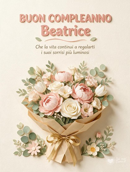 Scenografico mazzo di fiori con peonie, tulipani e rose in carta sagomata tridimensionale con nastro di seta dorato e scritta di auguri per Beatrice