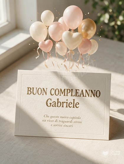 Elegante biglietto d'autore su carta cotone avorio con palloncini fluttuanti in toni cipria e oro, nastri di seta svolazzanti e coriandoli dorati scintillanti alla luce diurna.