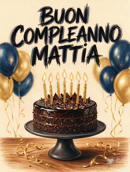 Disegno artistico a pastello di una torta al cioccolato fondente e caffè su alzatina scura con candeline dorate accese per Mattia.