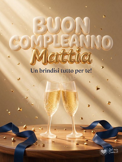 Due eleganti calici da brindisi con spumante dorato e bollicine su un ripiano in legno, con coriandoli dorati geometrici e scritta di auguri per Mattia.