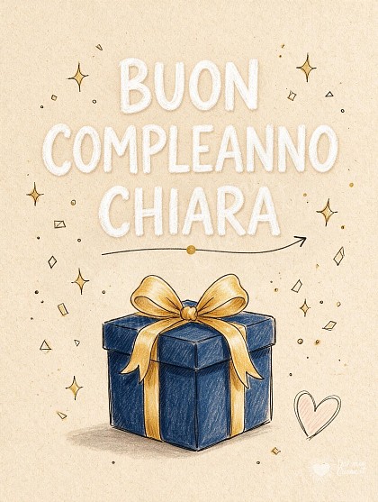 Illustrazione doodle di un pacchetto regalo blu notte con nastro dorato, coriandoli luminosi e scritta festosa per Chiara.