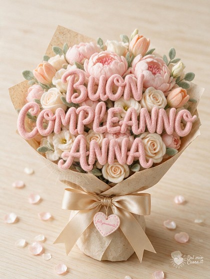 Grande e raffinato mazzo di fiori artigianale con peonie e rose in feltro soffice avvolto da nastro di raso cipria e grande scritta di auguri per Anna.