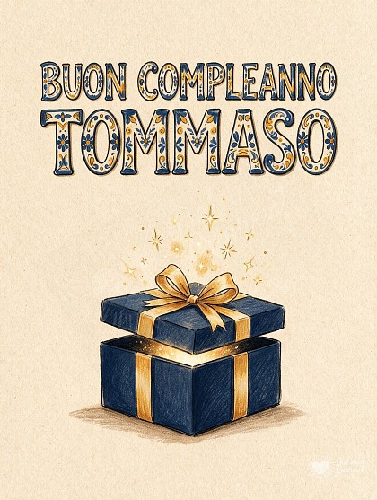 Illustrazione doodle con elegante scatola regalo blu navy semiuscita e fiocco dorato con piccole scintille luminose per il compleanno di Tommaso.