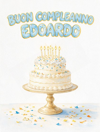 Illustrazione ad acquerello di una torta di compleanno a strati su alzatina con candeline accese, coriandoli colorati e festoni azzurri e dorati.