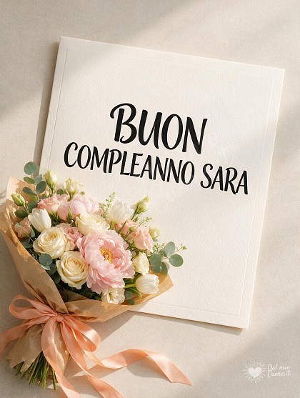 Scenografico mazzo di fiori freschi con peonie, rose e lisianthus avvolto in carta kraft con nastro di seta e biglietto d'autore per il compleanno di Sara.