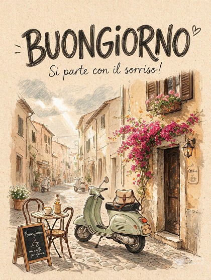 Illustrazione delicata di una vespa vintage verde salvia parcheggiata in un vicolo acciottolato con cascata di fiori rosa e gerani alle finestre sotto la luce del mattino.