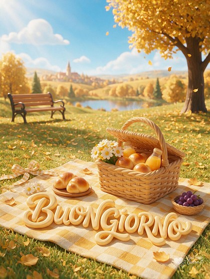 Coperta da picnic stesa sull'erba, cestino di vimini, panini dolci, succhi di frutta.