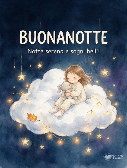 Una bambina in pigiama seduta su una nuvola bianca nel cielo notturno con fili di lucine calde.