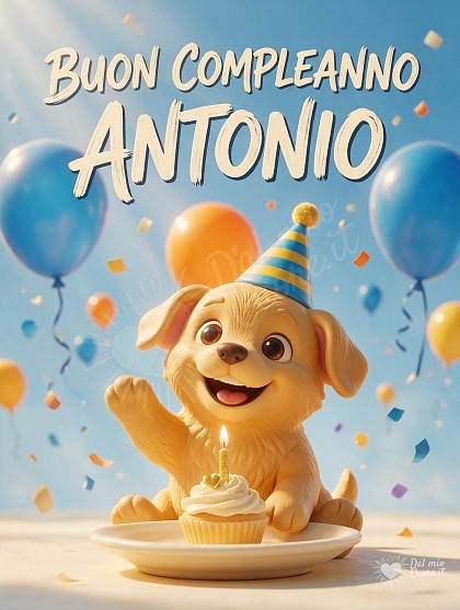 Simpatico cagnolino modellato in 3D con cappellino festoso a righe gialle e blu, davanti a un piattino con tortina golosa e candelina accesa tra coriandoli colorati.