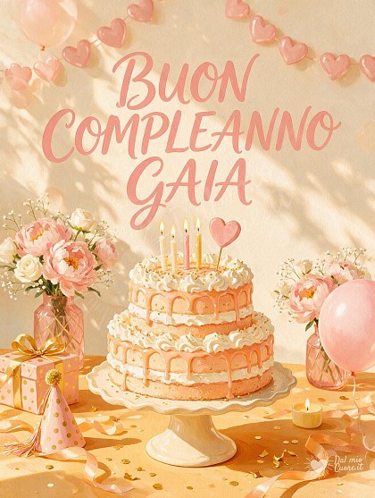 Elegante illustrazione gouache di una torta a strati decorata con crema soffice, zuccherini pastello, candeline accese e un grazioso topper a forma di cuore.
