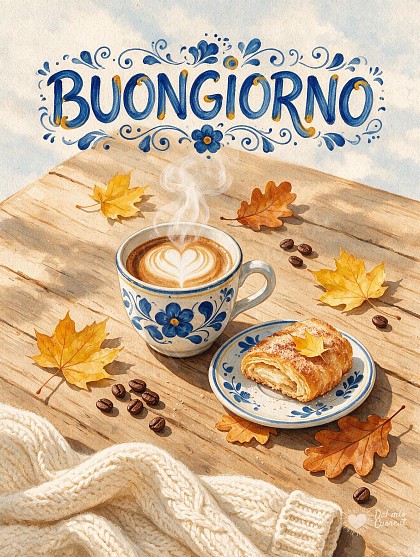Tavolo rustico in legno illuminato dal sole mattutino con tazza di caffè fumante, latte art a forma di cuore e foglie autunnali.