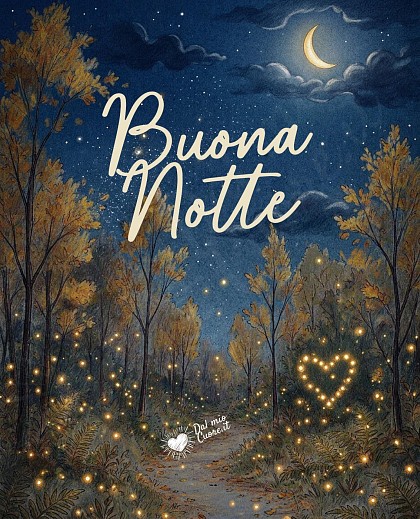 Un sentiero autunnale nel bosco rischiarato dalla luce della luna e da lucciole dorate che brillano tra le felci.