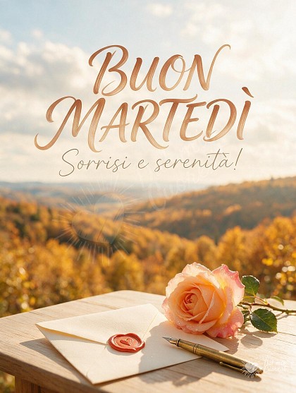 Primo piano di un biglietto scritto a mano accanto a una splendida rosa rosa con gocce di rugiada su un tavolo di legno affacciato su un paesaggio autunnale.