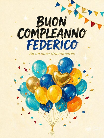 Vivace illustrazione a gouache con grappolo di palloncini azzurri, dorati e arancioni che volano verso l'alto con festoni di bandierine e coriandoli luminosi.