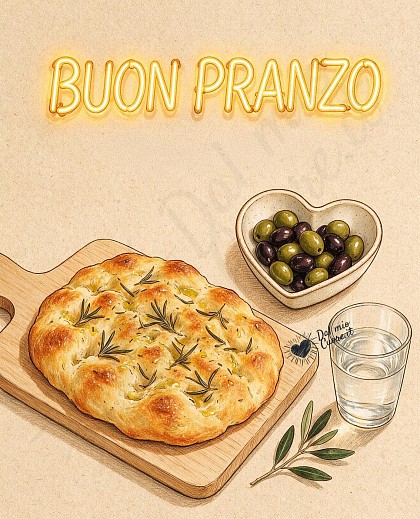 Una focaccia dorata al rosmarino su tagliere di legno con olive.