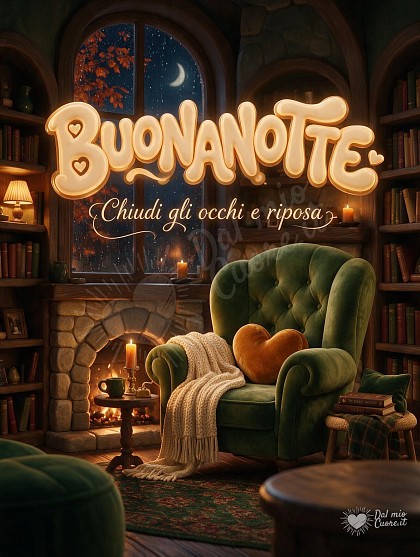 Scena serale autunnale con poltrona in velluto verde bosco, cuscino a forma di cuore, camino acceso con braci calde, libreria in legno e finestra bagnata dalla pioggia.