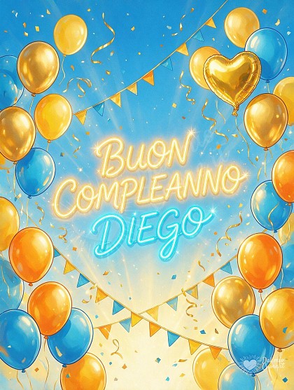Composizione illustrata e luminosa con palloncini azzurri, dorati e arancioni, festoni svolazzanti e coriandoli per il compleanno di Diego.