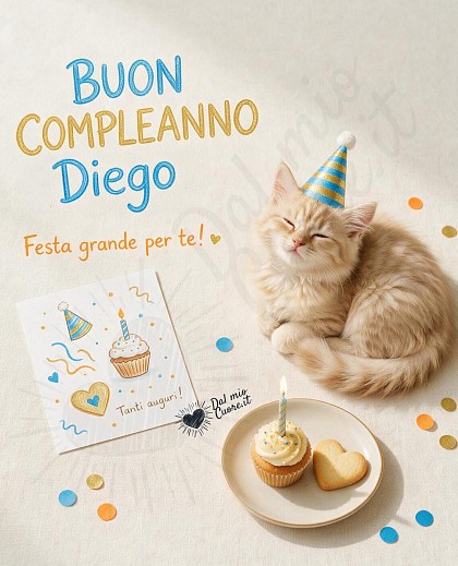 Composizione vista dall'alto con un tenero gattino tigrato con cappellino festoso accanto a una tortina con candelina accesa e la scritta di buon compleanno per Diego.