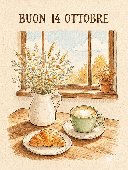 Illustrazione doodle su carta kraft con caraffa di fiori di campo, brioche dorata e tazza per il 14 ottobre.