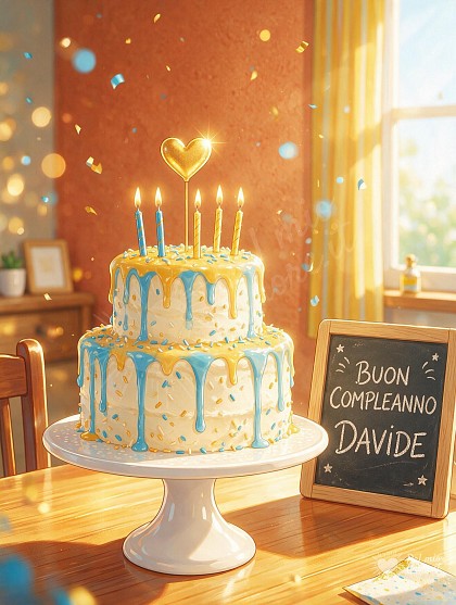 Torta di compleanno festosa a strati con panna soffice, candeline accese scintillanti e cartello in ardesia.