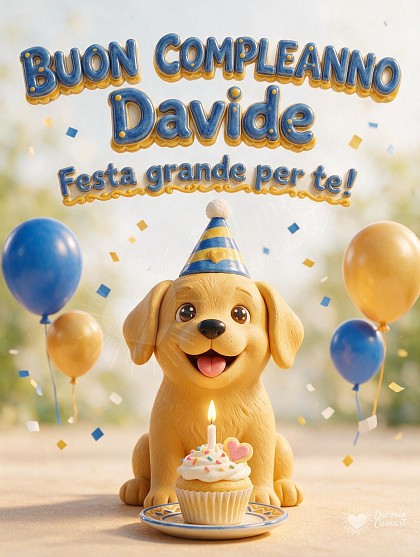 Tenero cucciolo di cagnolino 3D con cappellino a righe azzurre e dorate, davanti a un cupcake con candelina accesa e coriandoli colorati.