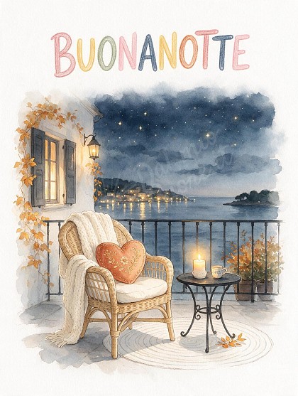 Terrazzino panoramico di notte con poltroncina in vimini, cuscino con cuore ricamato, candela accesa e vista sulle luci della baia sotto le stelle.