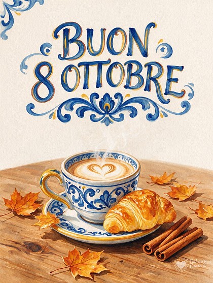 Tavolo in legno rustico con cappuccino decorato a cuore, brioche dorata, stecche di cannella e foglie d'acero autunnali.