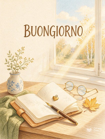 Un tavolo in rovere con taccuino aperto, occhiali da lettura, piccolo rametto verde.