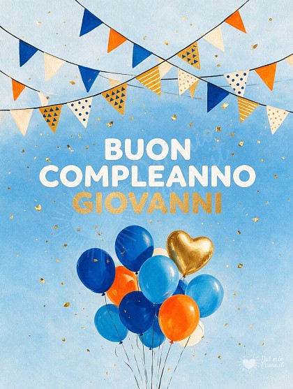 Grappolo di palloncini lucidi blu, oro e arancioni, festoni geometrici e coriandoli festosi.