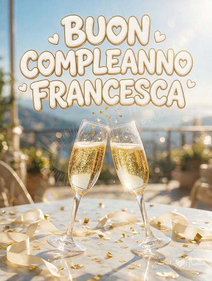 Due eleganti calici di cristallo colmi di spumante dorato e bollicine vivaci brindano su una terrazza panoramica baciata dal sole, con coriandoli dorati.