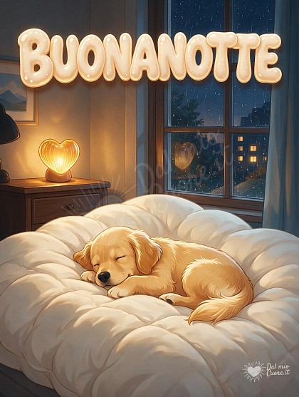 Un tenero cagnolino addormentato acciambellato su un soffice piumone bianco mentre fuori piove.