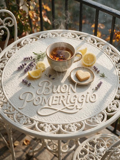 Un tavolino in ferro battuto di una terrazza panoramica, con tazza fumante, frollino a forma di cuore e rametti di lavanda.