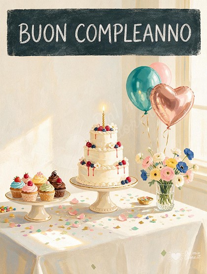 Tavola imbandita di compleanno con torta a piani, candeline accese, cupcake, vaso di fiori freschi e palloncini colorati.