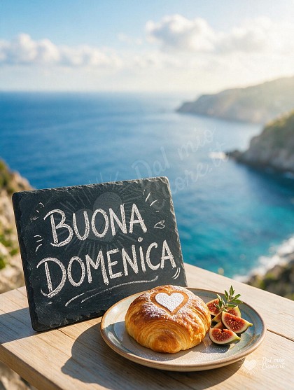 Tavolino all'aperto affacciato sul mare calmo con una brioche dorata e una lavagnetta.