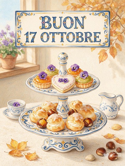 Un'alzatina in ceramica a due piani con dolcetti glassati, biscottino a cuore e fiori eduli sotto una luce autunnale.