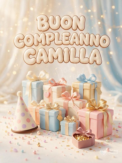 Composizione allegra con pacchetti regalo color pastello impreziositi da grandi fiocchi in raso lucido, stelline dorate, coriandoli.