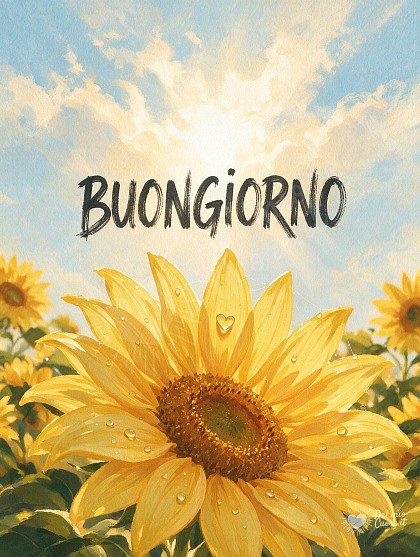 Grandi girasoli dorati con gocce di rugiada illuminati dal sole del mattino.