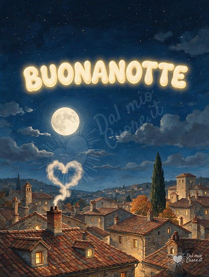Scorcio notturno sui tetti storici di un antico borgo in tegole di terracotta illuminati da una grande luna piena e un cielo cobalto stellato.