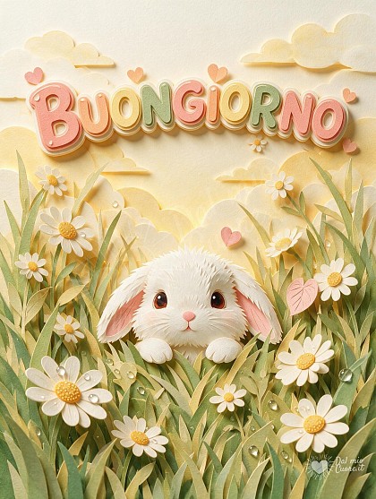 Un tenero coniglietto bianco che fa capolino tra margherite bagnate dalla pioggia mattutina.