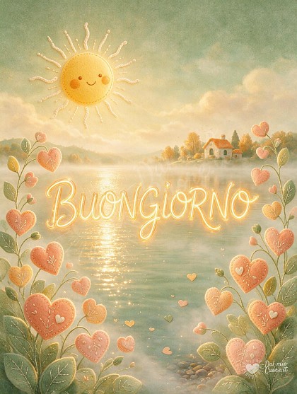 Illustrazione fiabesca di un lago autunnale nella nebbia dorata con fiorellini a forma di cuore.