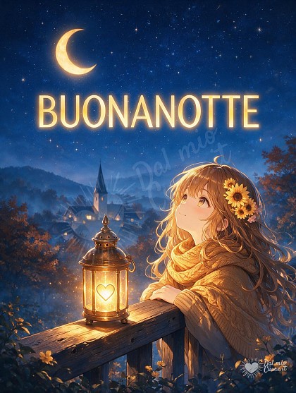 Una ragazza tra girasoli dorati e nebbia autunnale sotto un cielo stellato.