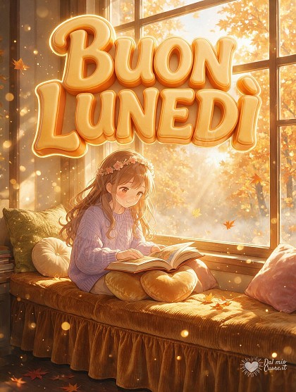 Una ragazza che legge un libro su un comodo davanzale, con un cuscino a forma di cuore e la nebbia autunnale fuori dalla finestra.