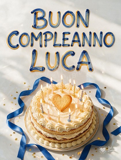 Una torta di compleanno con candeline accese, nastri blu e coriandoli dorati su fondo ceramico chiaro.